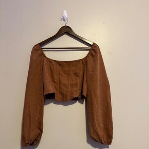 NWT Women's Brown Long Sleeve Smocked Corset Crop Boho Indie Fairy